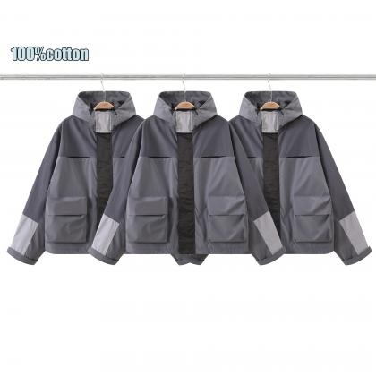 100%cotton Custom Splicing Couple Windproof Oversize Regular Plus Size Men's Zipper Jacket        