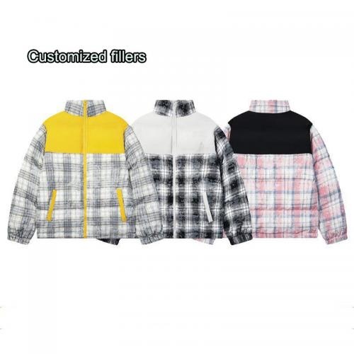 Vintage Contrasting Plaid Patchwork Jacket Winter Thick Custom Polyester Long Puffer Jacket Men        
