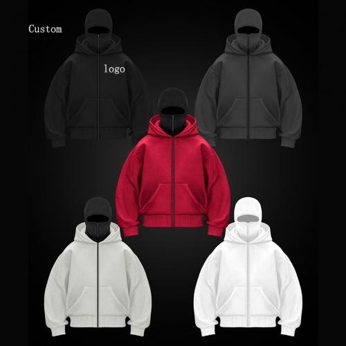 Personalized Street Ninja Double Hat Custom Design Blank Hooded Cardigan Hoodies Men Streetwear        